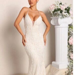 Fashion Nova Ivory Strapless Lace Mermaid Gown